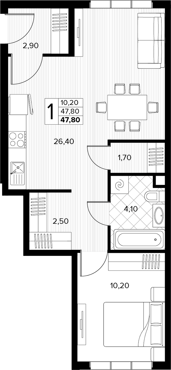 1-комн., 47.8 м², 1/6 этаж, ЖК «Кипарис»