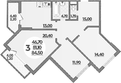 3-комн., 81.6 м², 2/22 этаж, ЖК «Парк у дома»