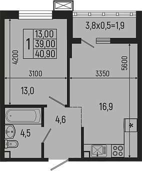 2-комн., 39 м², 2/5 этаж, ЖК «Звезды»