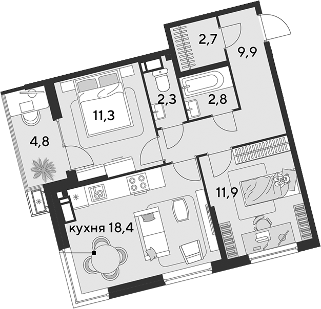 3-комн., 59.3 м², 15/18 этаж, ЖК «Парк Победы»