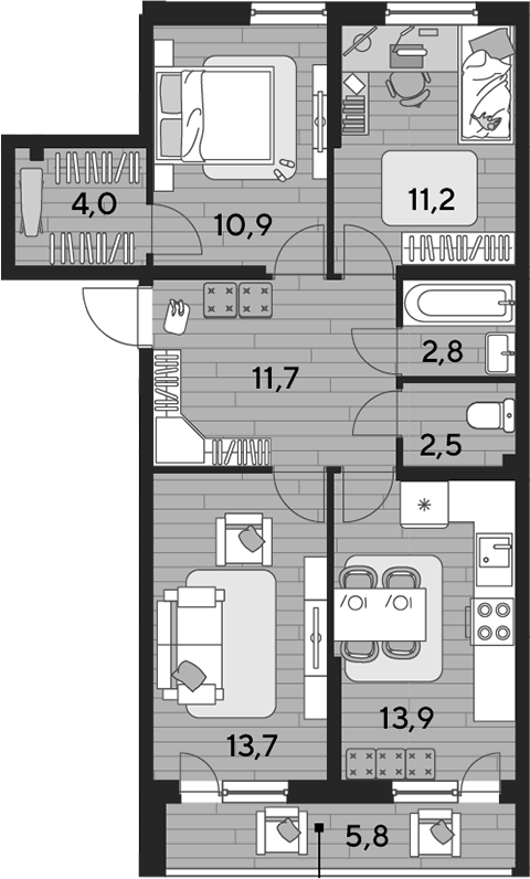 3-комн., 70.7 м², 2/16 этаж, ЖК «DОГМА ПАРК»