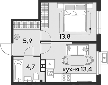 1-комн., 37.8 м², 9/18 этаж, ЖК «Парк Победы»