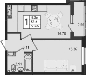 1-комн., 37.16 м², 10/18 этаж, ЖК «Дом 101»