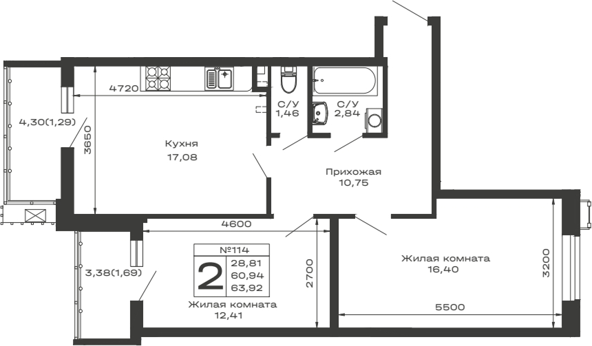 Продается 2-комн. квартира, 60.94 м²