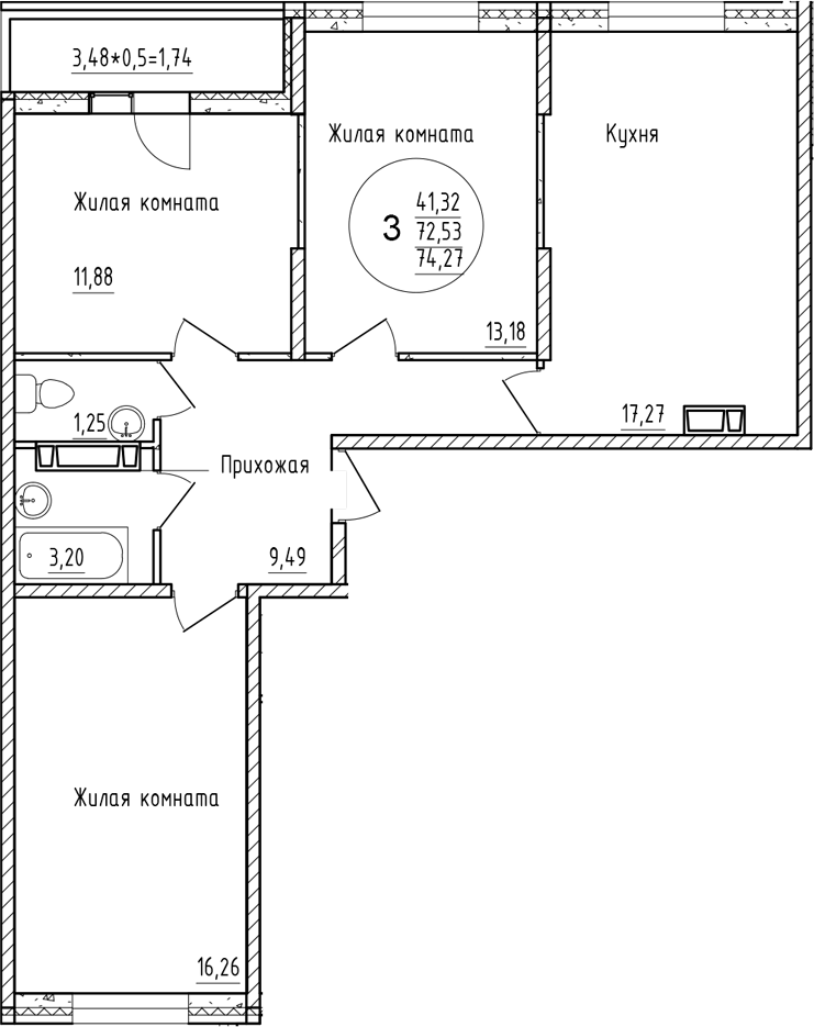 3-комн., 72.53 м², 15/16 этаж, ЖК «Друг»