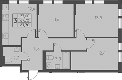 3-комн., 67.7 м², 4/15 этаж, ЖК «Барса»
