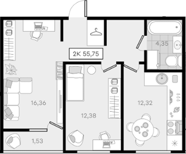 2-комн., 54.22 м², 5/8 этаж, ЖК «История 3»