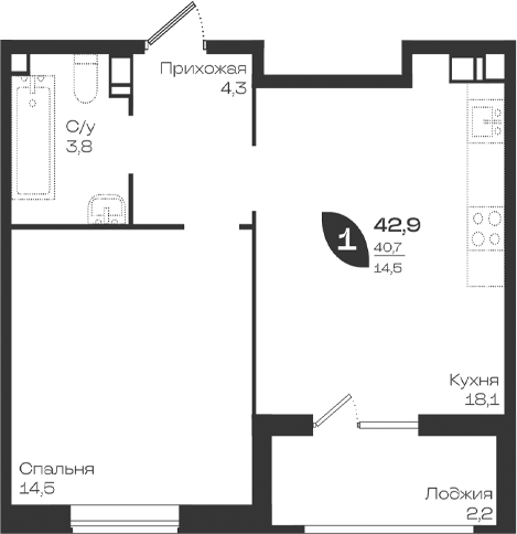Продается 1-комн. квартира, 40.7 м²