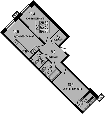 2-комн., 63.3 м², 2/13 этаж, ЖК «Звезды»