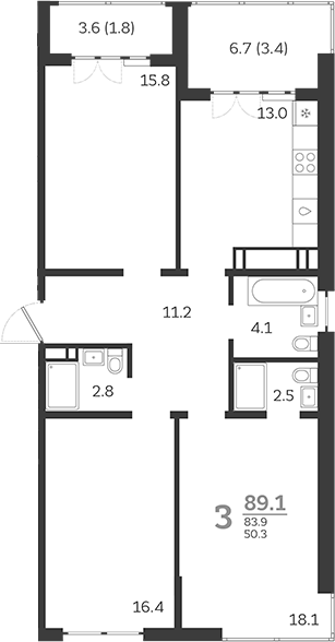3-комн., 83.9 м², 23/24 этаж, ЖК «Все Свои VIP»