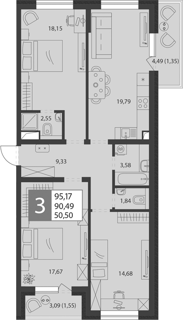 4+ комнаты, 87.59 м², 2/9 этаж, ЖК «К24»