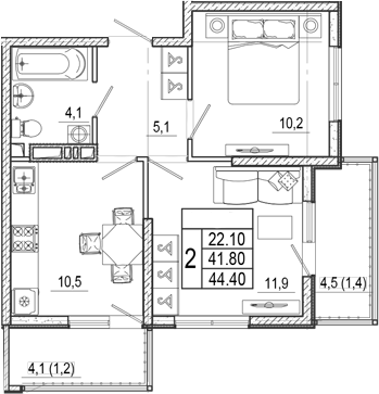2-комн., 41.8 м², 15/17 этаж, ЖК «Лестория»