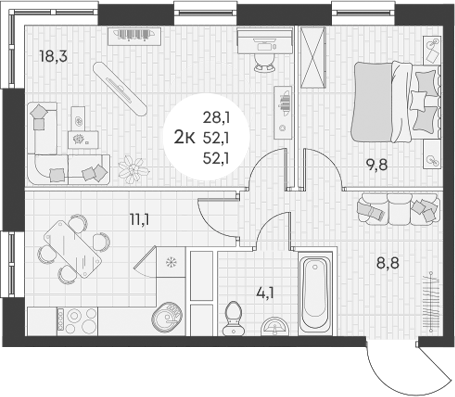 2-комн., 52.1 м², 12/13 этаж, ЖК «Грин Эппл»