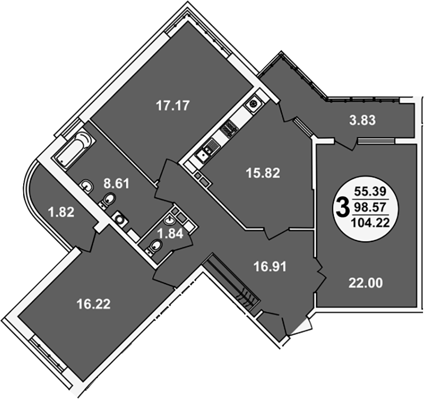 3-комн., 98.57 м², 9/23 этаж, ЖК «Краснодар Сити»