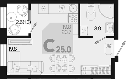 Продается 1-комн. квартира, 23.7 м²