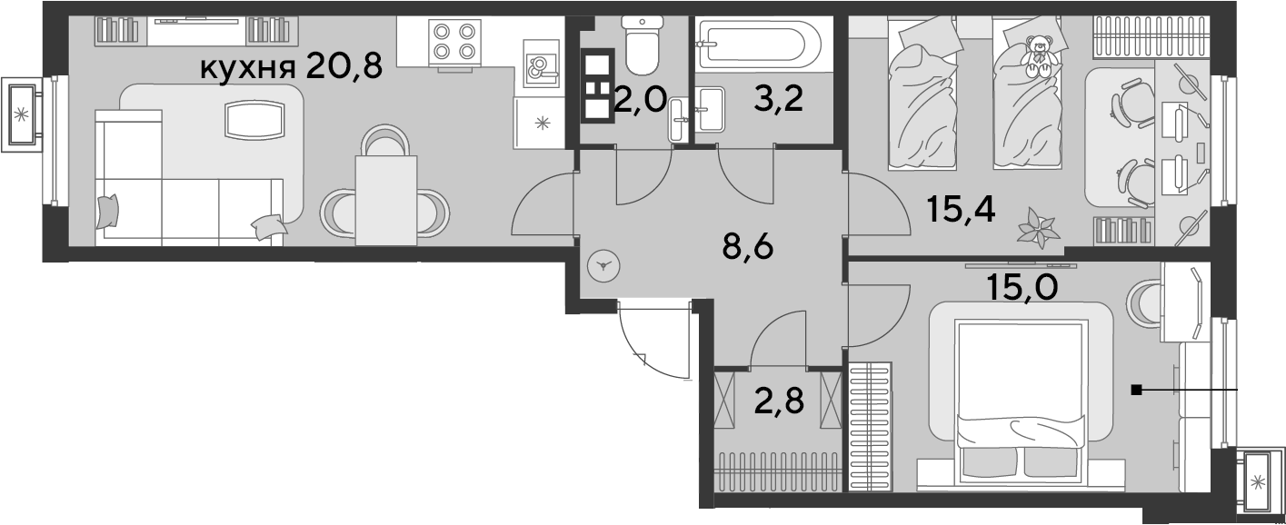 3-комн., 67.8 м², 7/18 этаж, ЖК «Парк Победы»