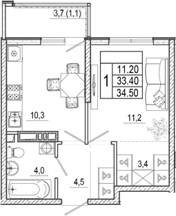 1-комн., 33.4 м², 15/17 этаж, ЖК «Лестория»