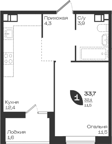 1-комн., 32.1 м², 11/18 этаж, ЖК «Ботаника»