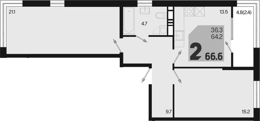 2-комн., 64.2 м², 5/18 этаж, ЖК «Первое место»