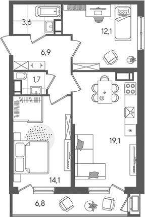 3-комн., 57.5 м², 21/24 этаж, ЖК «Рекорд»