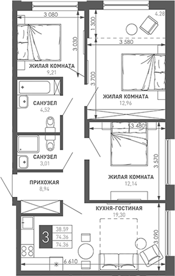 3-комн., 76.2 м², 3/9 этаж, ЖК «Иначе в Молодежном»