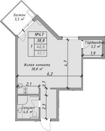 Продается 1-комн. квартира, 46.6 м²