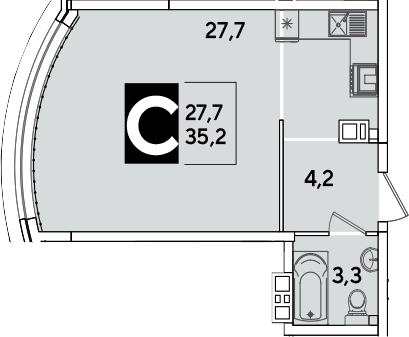 Студия, 35.2 м², 4/16 этаж, ЖК «Самолет»
