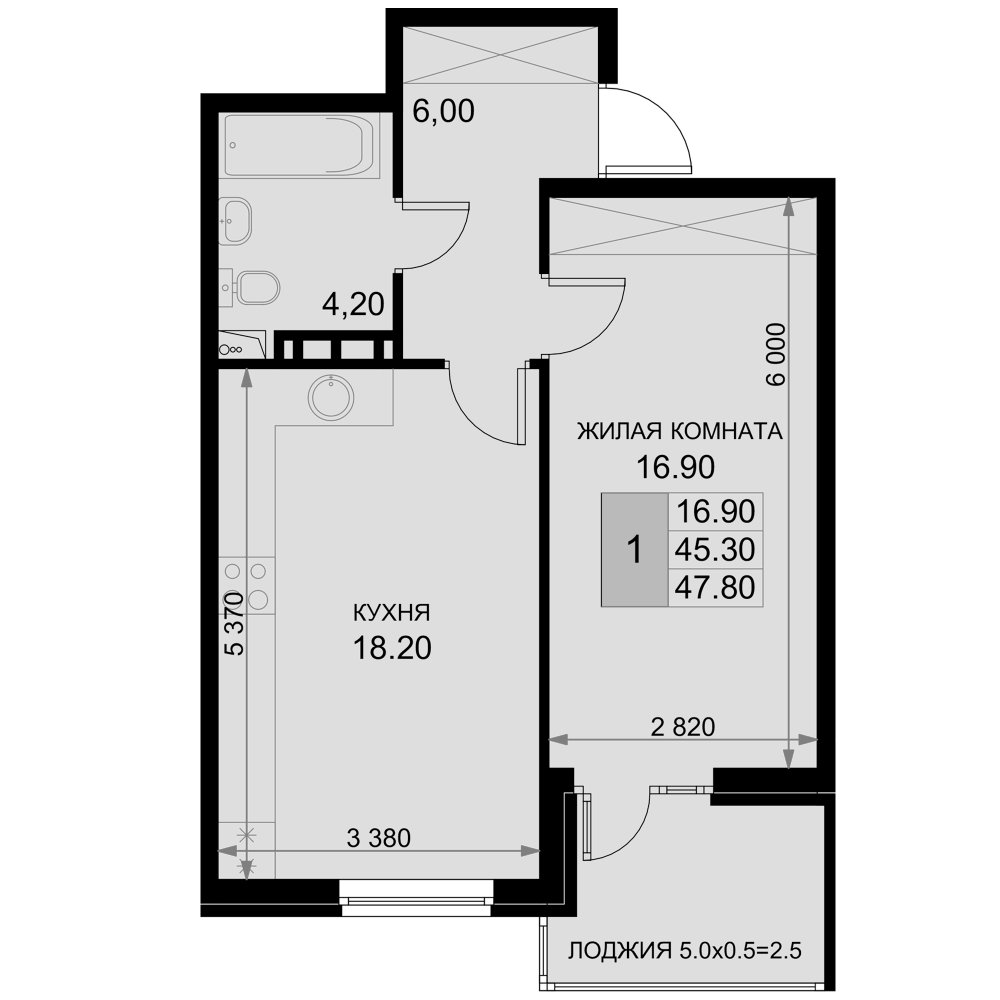 2-комн., 45.3 м², 6/7 этаж, ЖК «История»