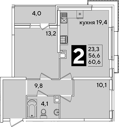 3-комн., 56.6 м², 5/16 этаж, ЖК «Самолет»