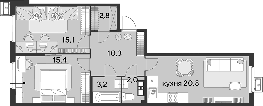 3-комн., 69.6 м², 9/18 этаж, ЖК «Парк Победы»