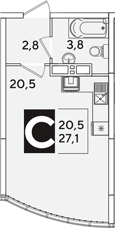 Студия, 27.1 м², 16/16 этаж, ЖК «Самолет»