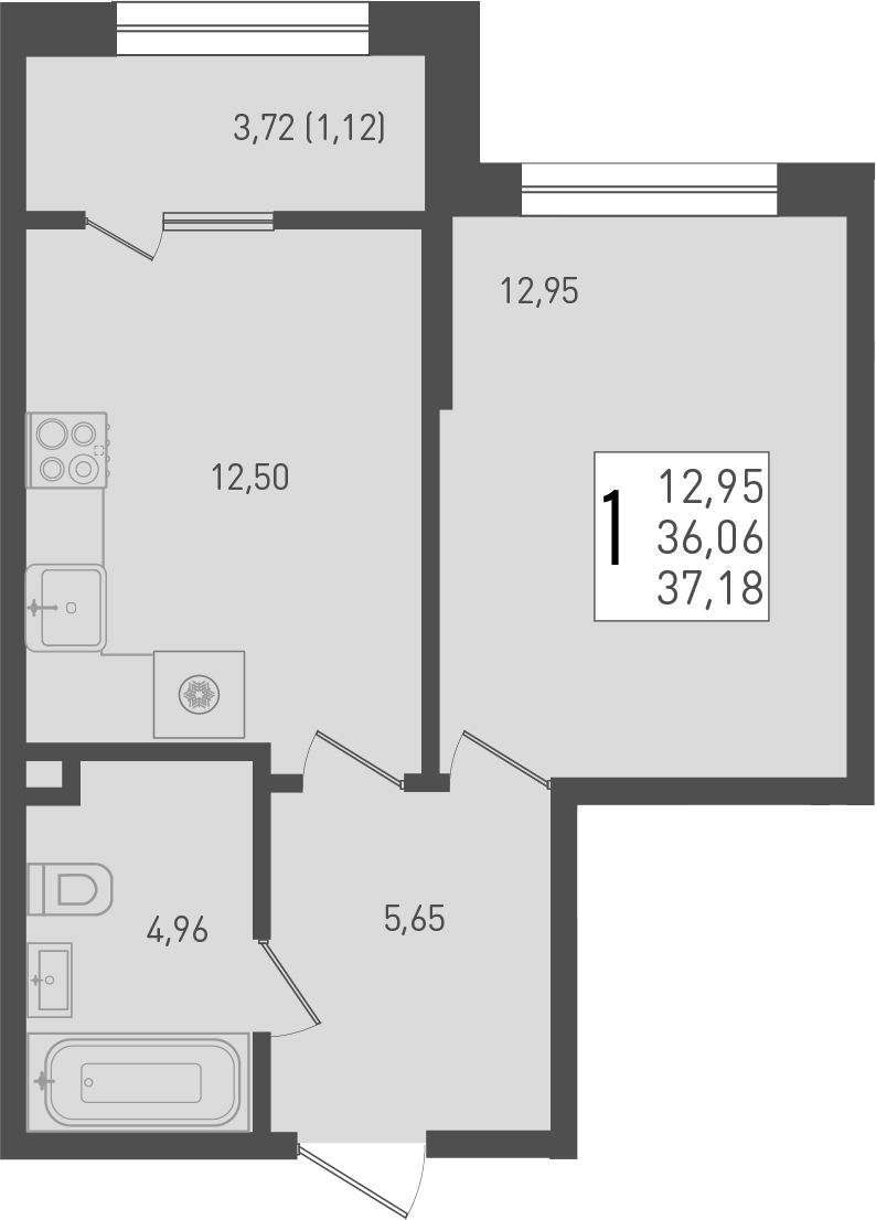 1-комн., 36.06 м², 1/9 этаж, ЖК «Югге»