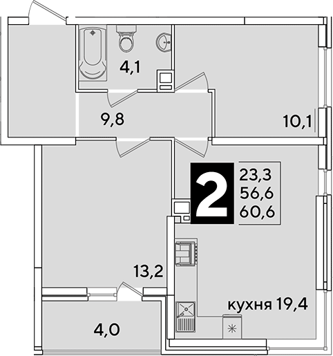 3-комн., 56.6 м², 6/16 этаж, ЖК «Самолет»