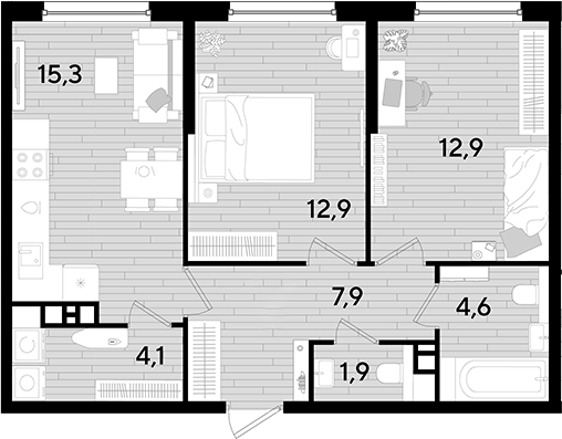 2-комн., 59.6 м², 4/16 этаж, ЖК «DОГМА ПАРК»