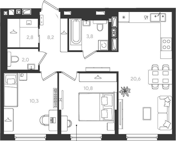 2-комн., 58.5 м², 4/9 этаж, ЖК «Самолет»