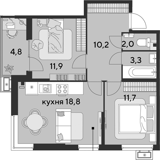 Продается 3-комн. квартира, 57.9 м²