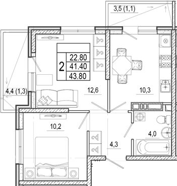 2-комн., 41.4 м², 2/17 этаж, ЖК «Лестория»