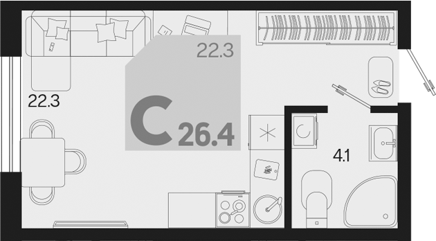 Студия, 26.4 м², 2/9 этаж, ЖК «Первое место»