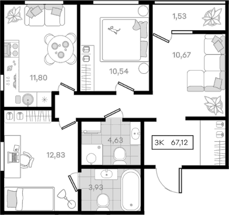 3-комн., 65.59 м², 5/8 этаж, ЖК «История 3»
