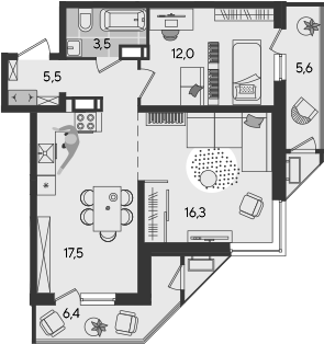 3-комн., 54.8 м², 22/24 этаж, ЖК «Рекорд»