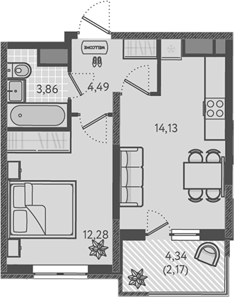 1-комн., 34.76 м², 3/18 этаж, ЖК «Теплые края»