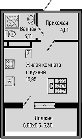 Студия, 23.07 м², 13/14 этаж, ЖК «Sun Hills Ольгинка»