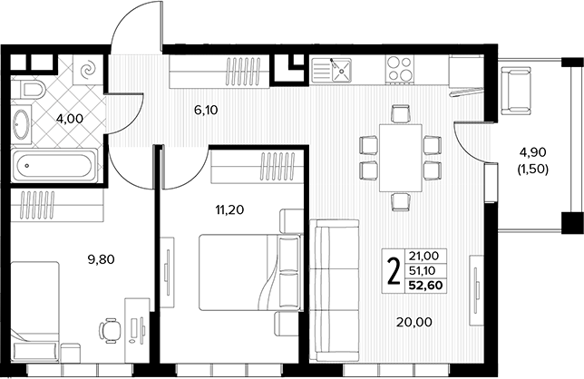 2-комн., 51.1 м², 6/6 этаж, ЖК «Кипарис»