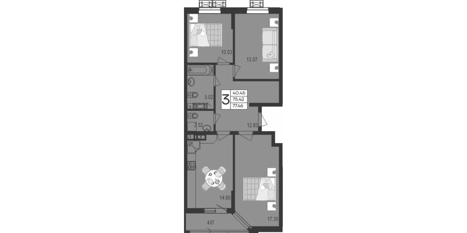 3-комн., 75.42 м², 3/9 этаж, ЖК «Дом 101»