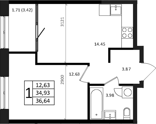 2-комн., 34.93 м², 12/16 этаж, ЖК «Патрики»