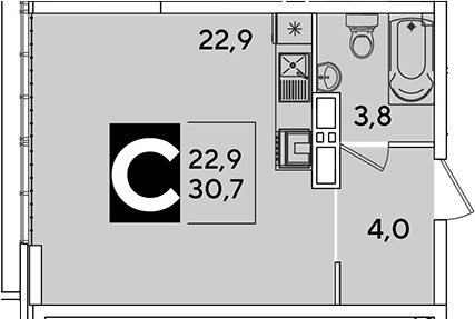 Студия, 30.7 м², 16/16 этаж, ЖК «Самолет»
