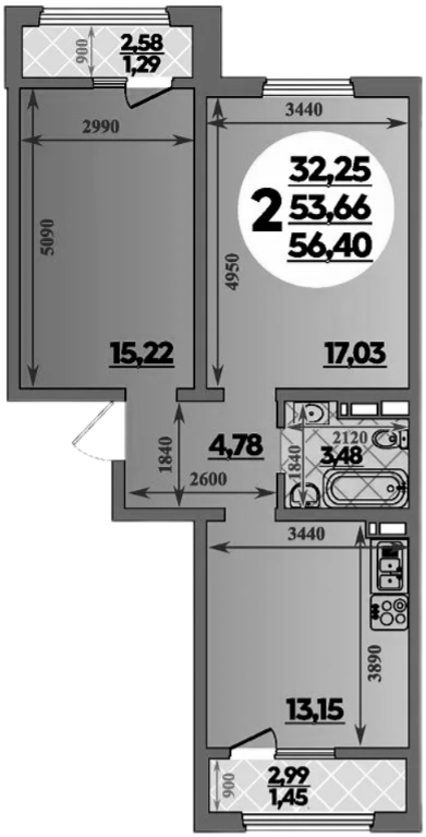 Продается 2-комн. квартира, 53.66 м²