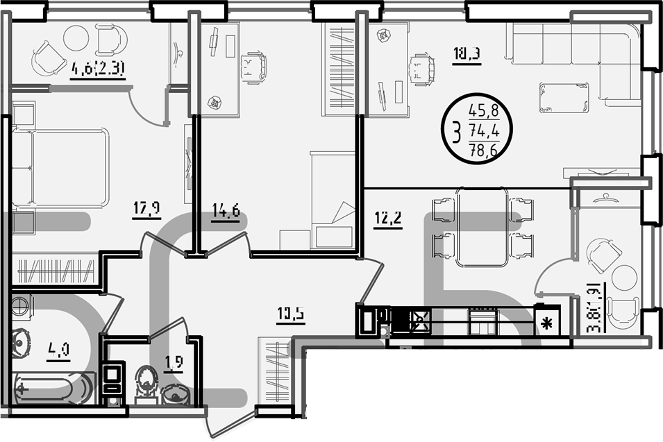 3-комн., 74.4 м², 3/9 этаж, ЖК «Первое место»