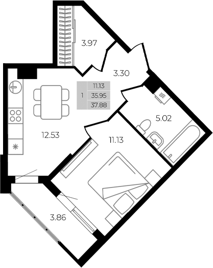 1-комн., 35.95 м², 1/8 этаж, ЖК «Курортный регион»