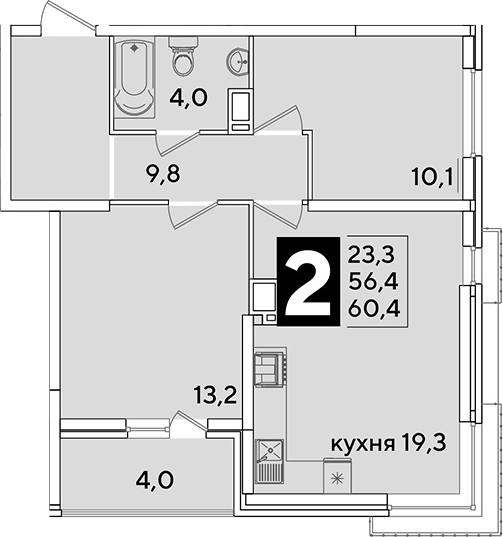 3-комн., 56.4 м², 11/16 этаж, ЖК «Самолет»